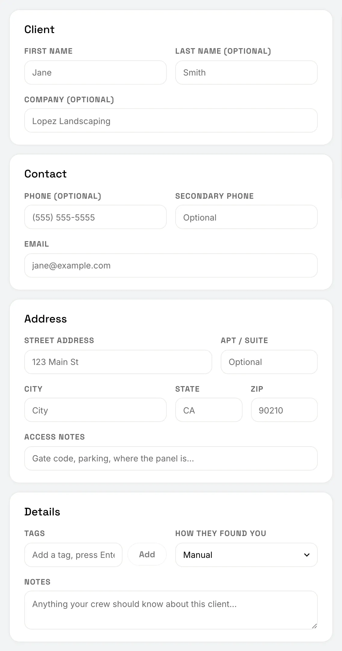 The New Client form with the Client, Contact, Address and Details sections