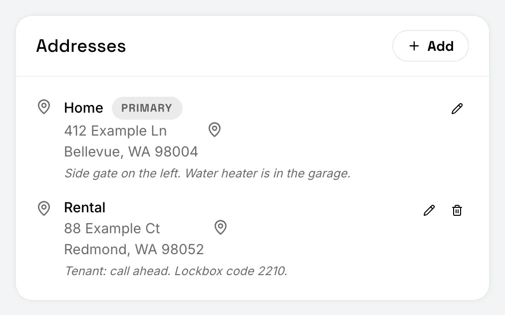 A client’s Addresses card with a primary address and a second address, each with its access notes