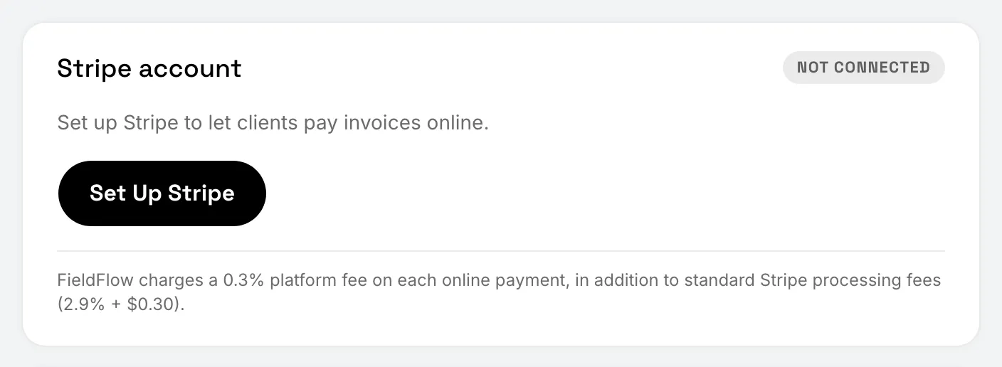 The Stripe account card in Settings › Payments, before setup