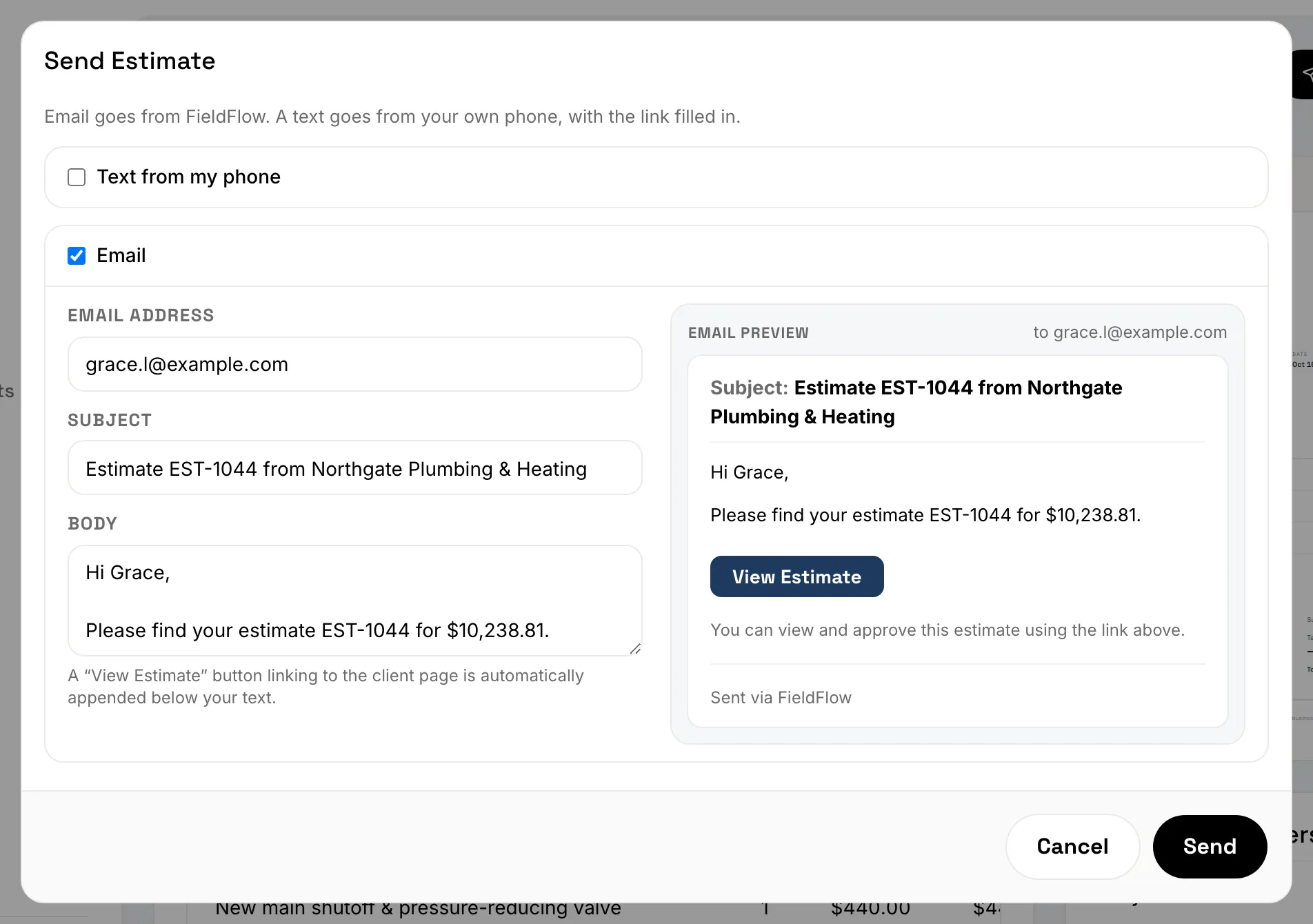 The Send Estimate dialog with Text from my phone and Email