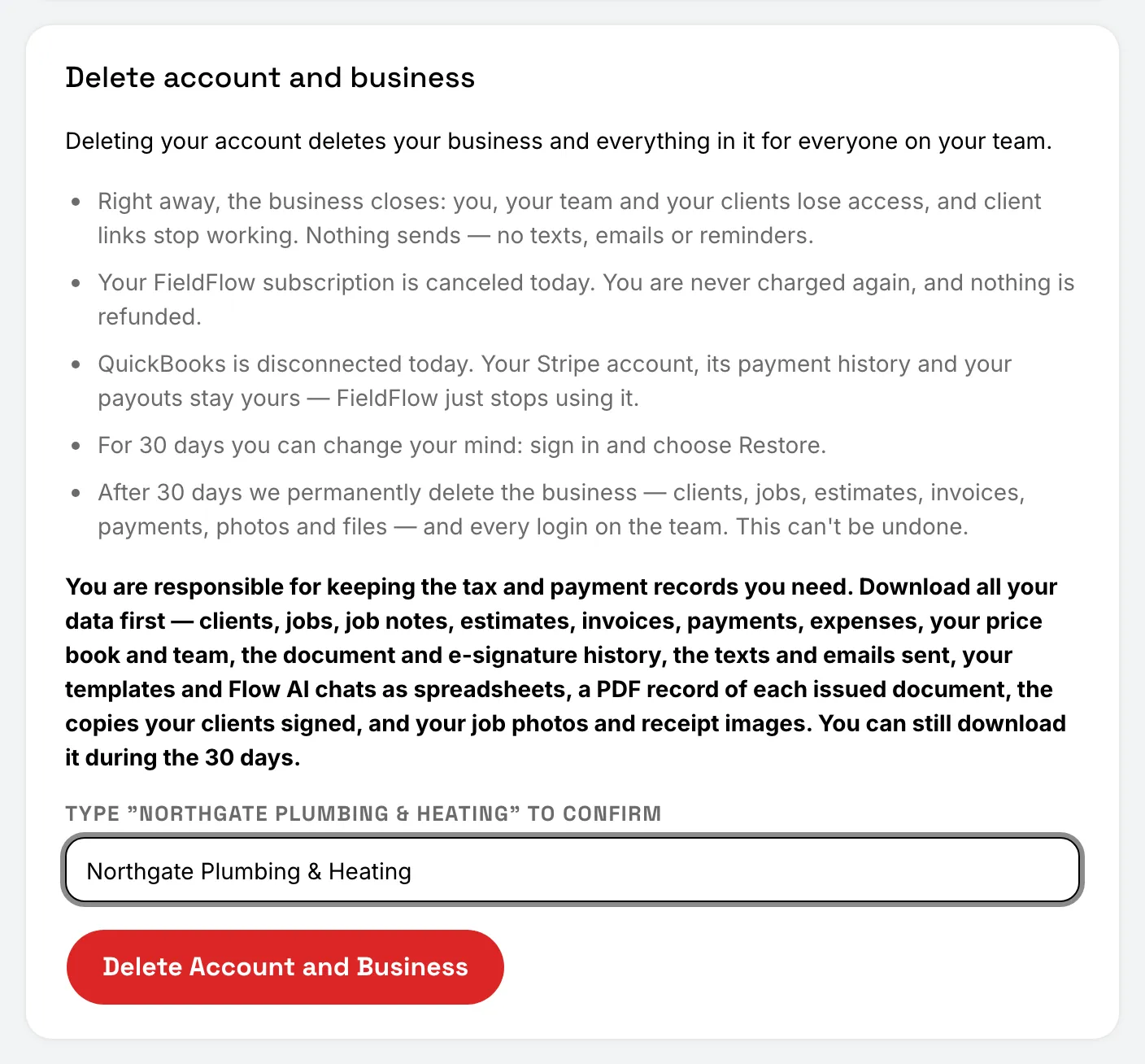 The delete form in Settings › Account, with the business name typed in