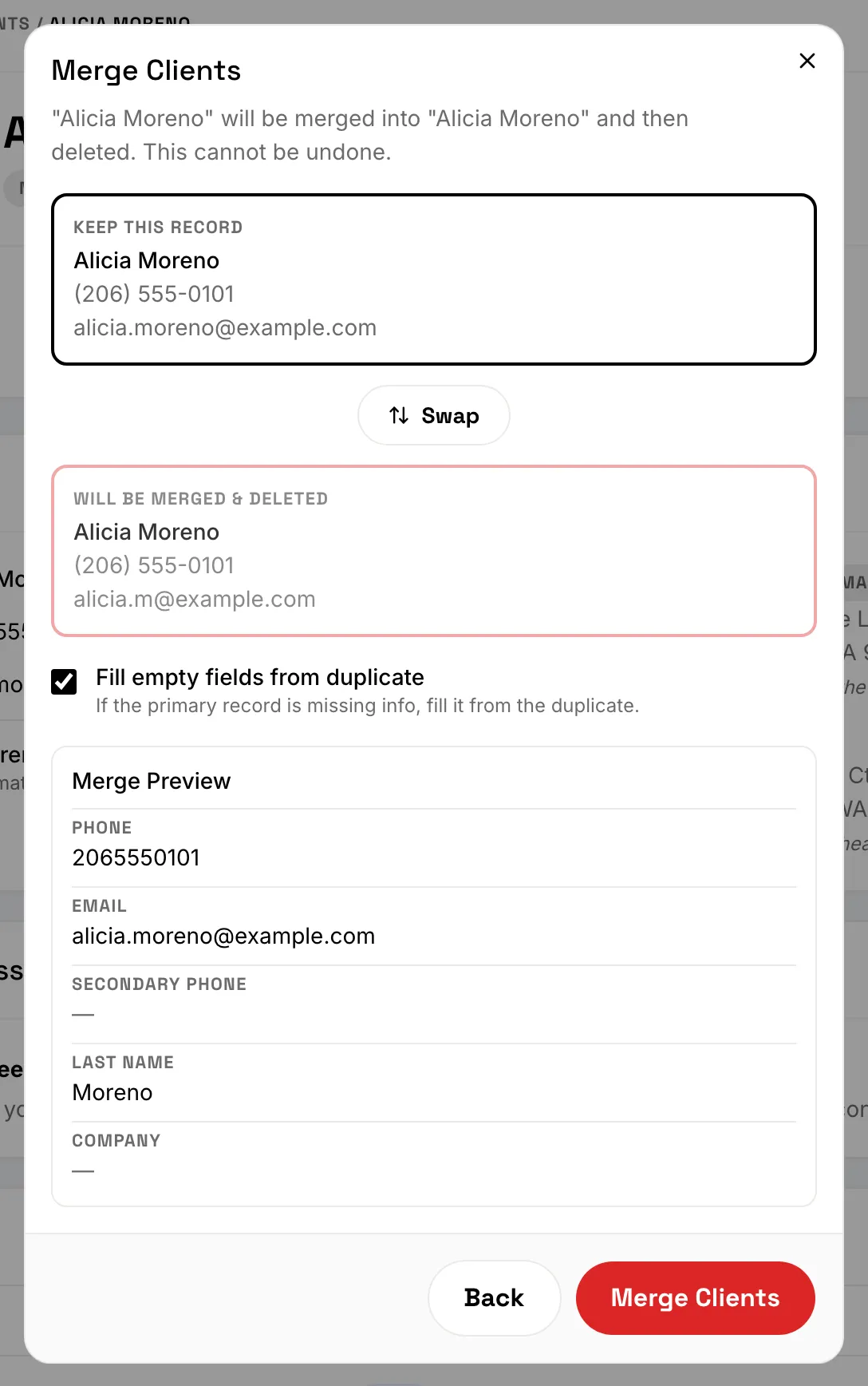 The Merge Clients dialog showing the record to keep, the duplicate, and the merge preview
