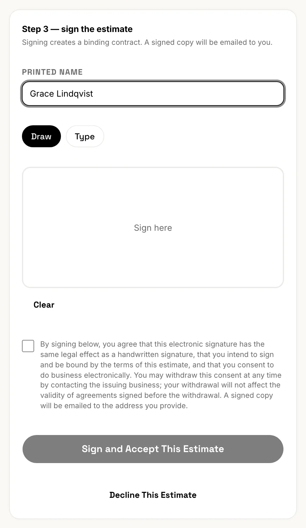 The client’s signing page at Step 3, with Draw and Type