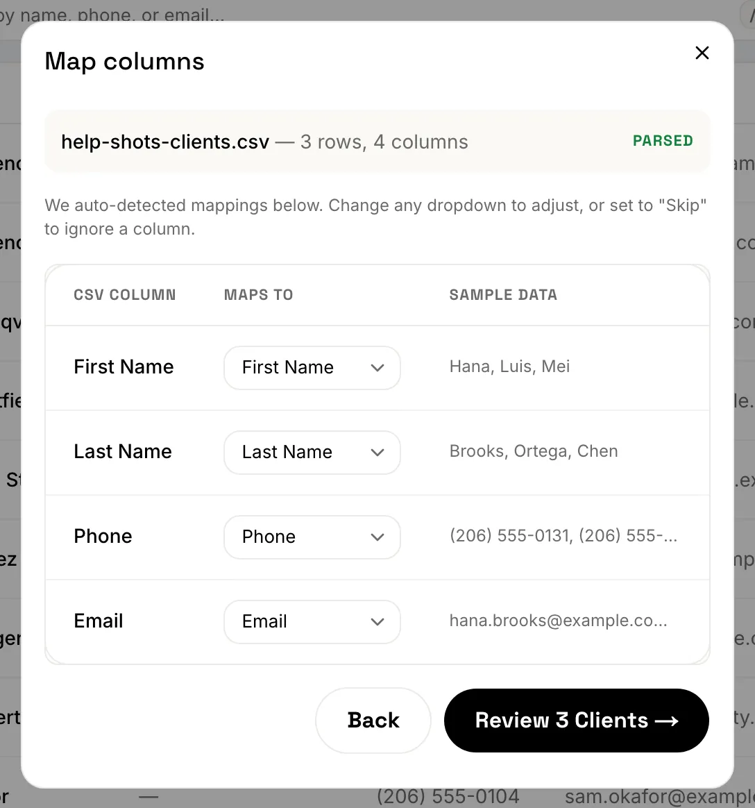 The Map columns step of a CSV import
