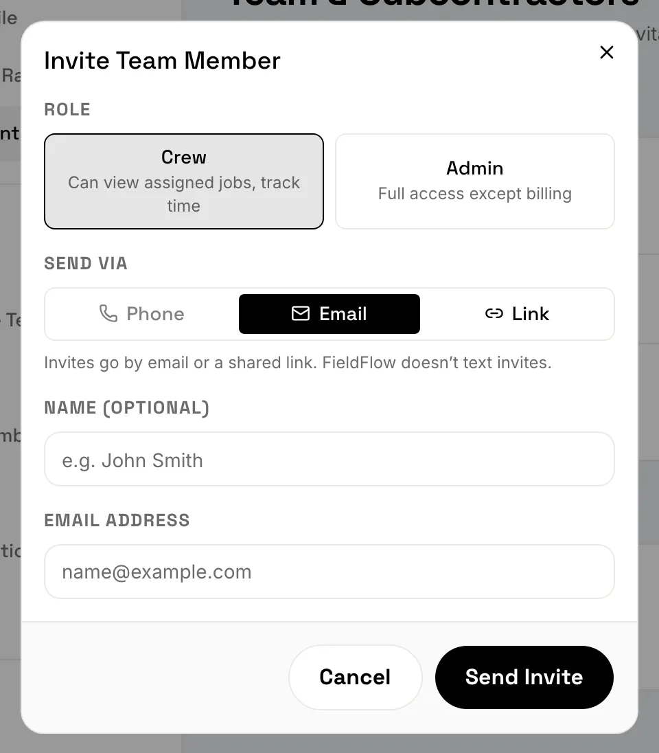 The Invite Team Member dialog with Crew selected and Email chosen