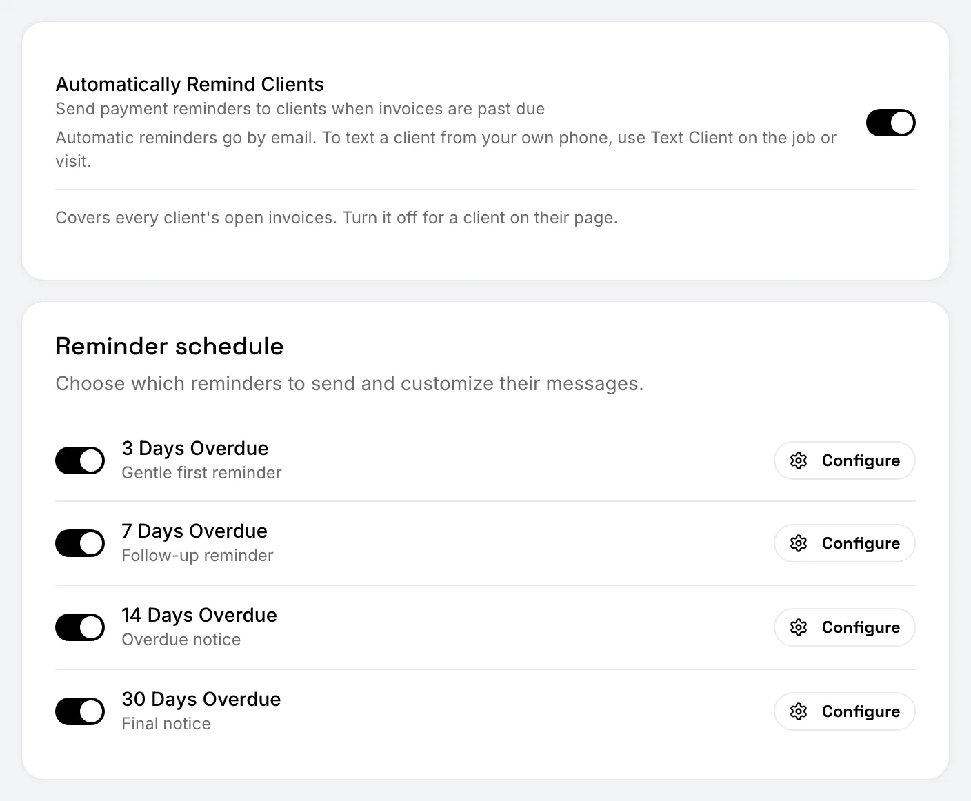 Settings › Automated Reminders with the master switch and the reminder schedule