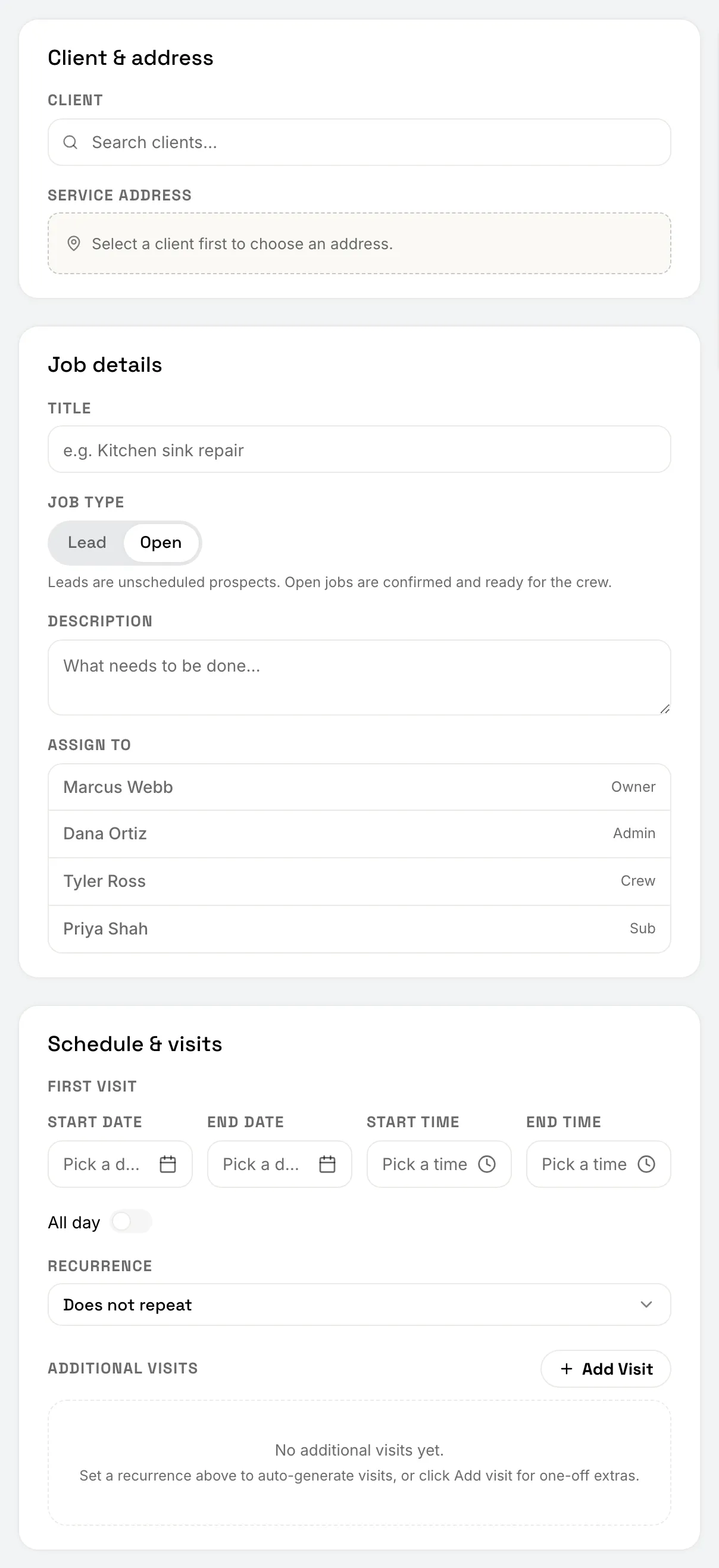The New Job form with the Client & address, Job details and Schedule & visits cards