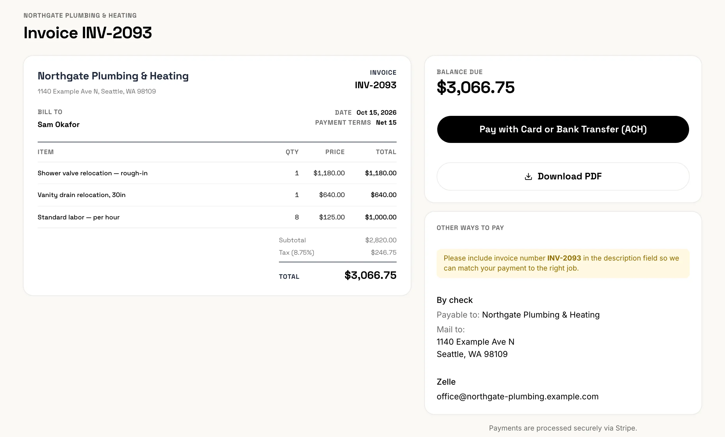 The client’s invoice page with the Pay button and Other ways to pay