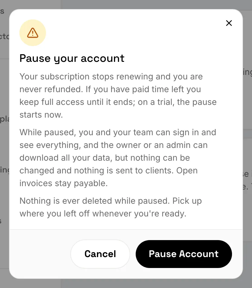 The Pause your account confirmation