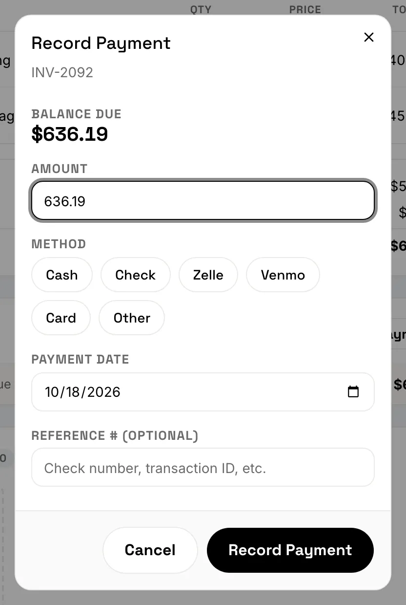 The Record Payment dialog with Amount, Method, Payment Date and Reference #
