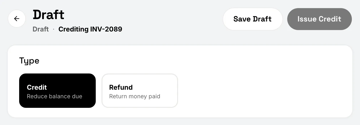 The credit note form with the Credit and Refund type cards