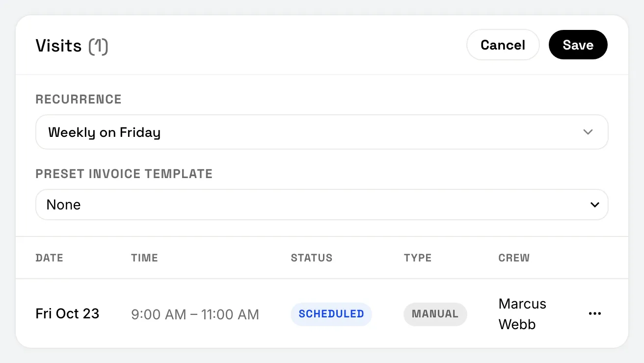 A job’s Visits card with the schedule settings open and a weekly repeat chosen