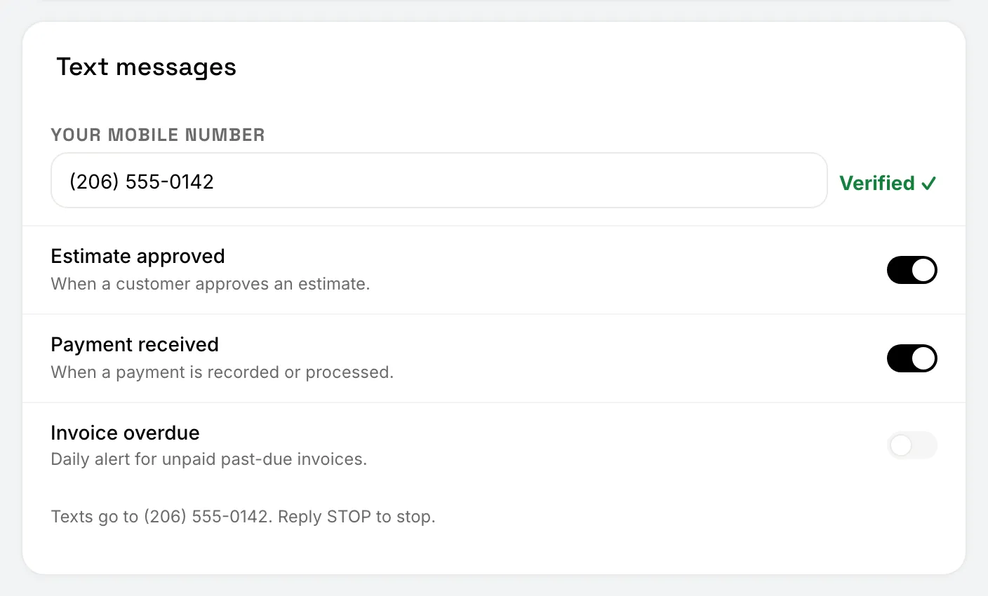 Settings › Notifications › Text messages with a verified number and the three switches