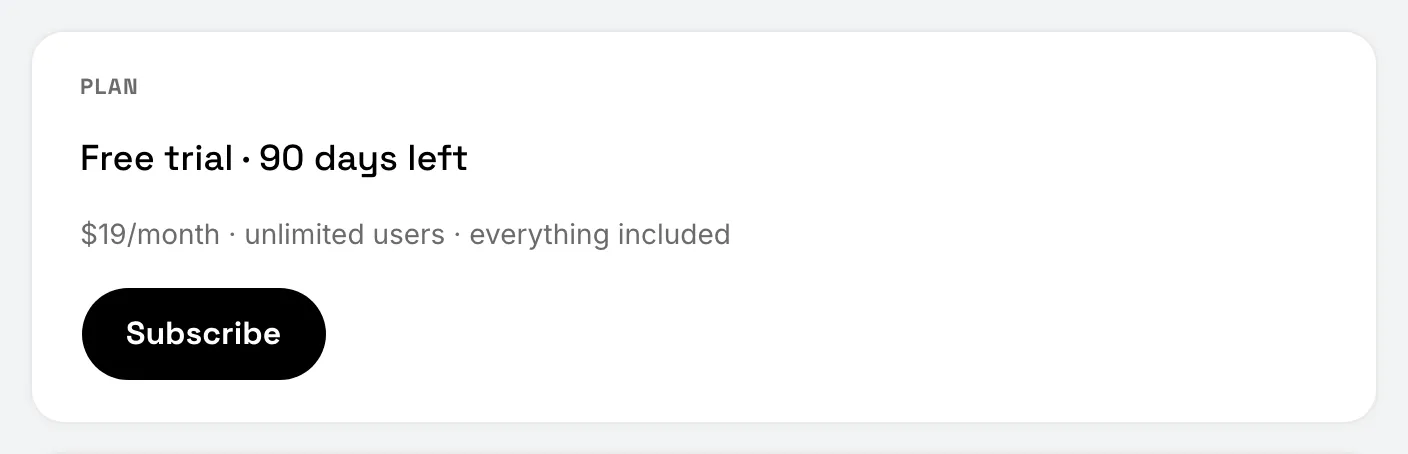 Settings › Subscription with the plan card and Subscribe