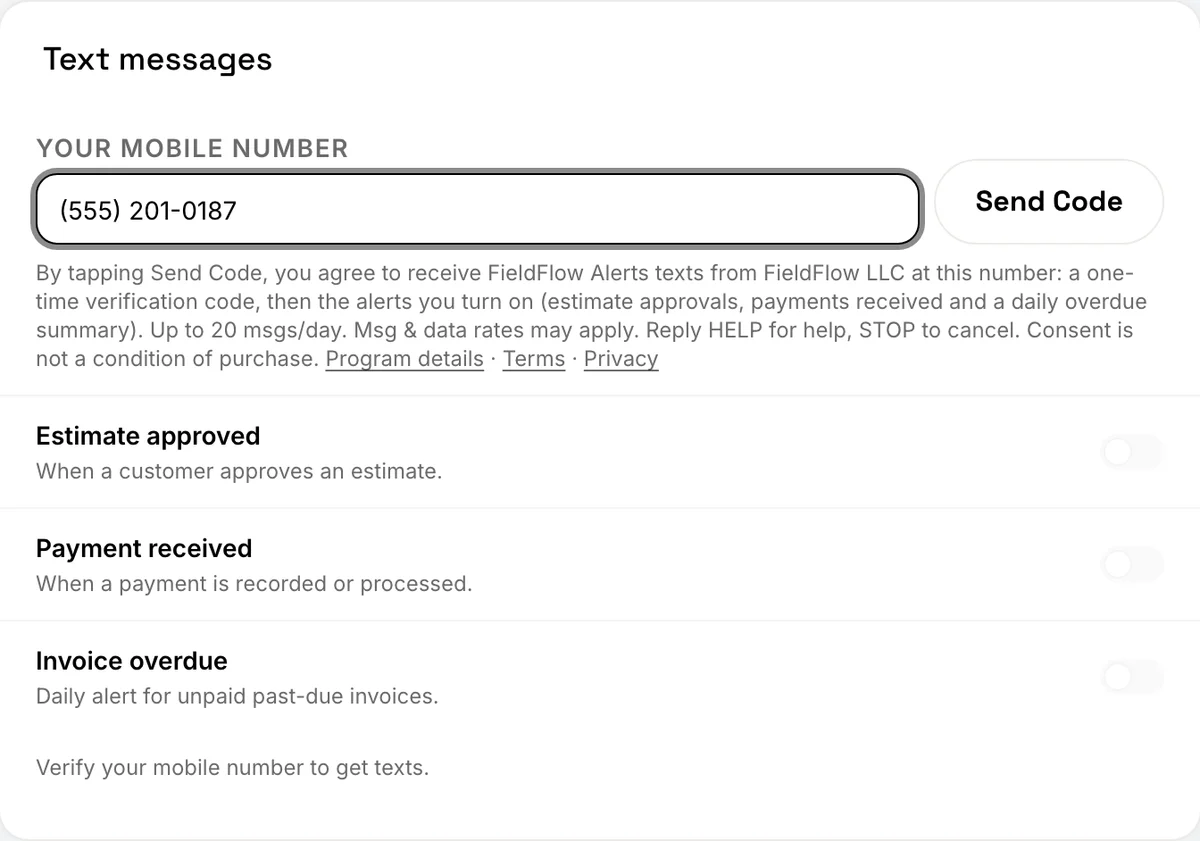 The Text messages card in FieldFlow settings with a mobile number typed in, the Send Code button, and the text alert disclosure below the number.
