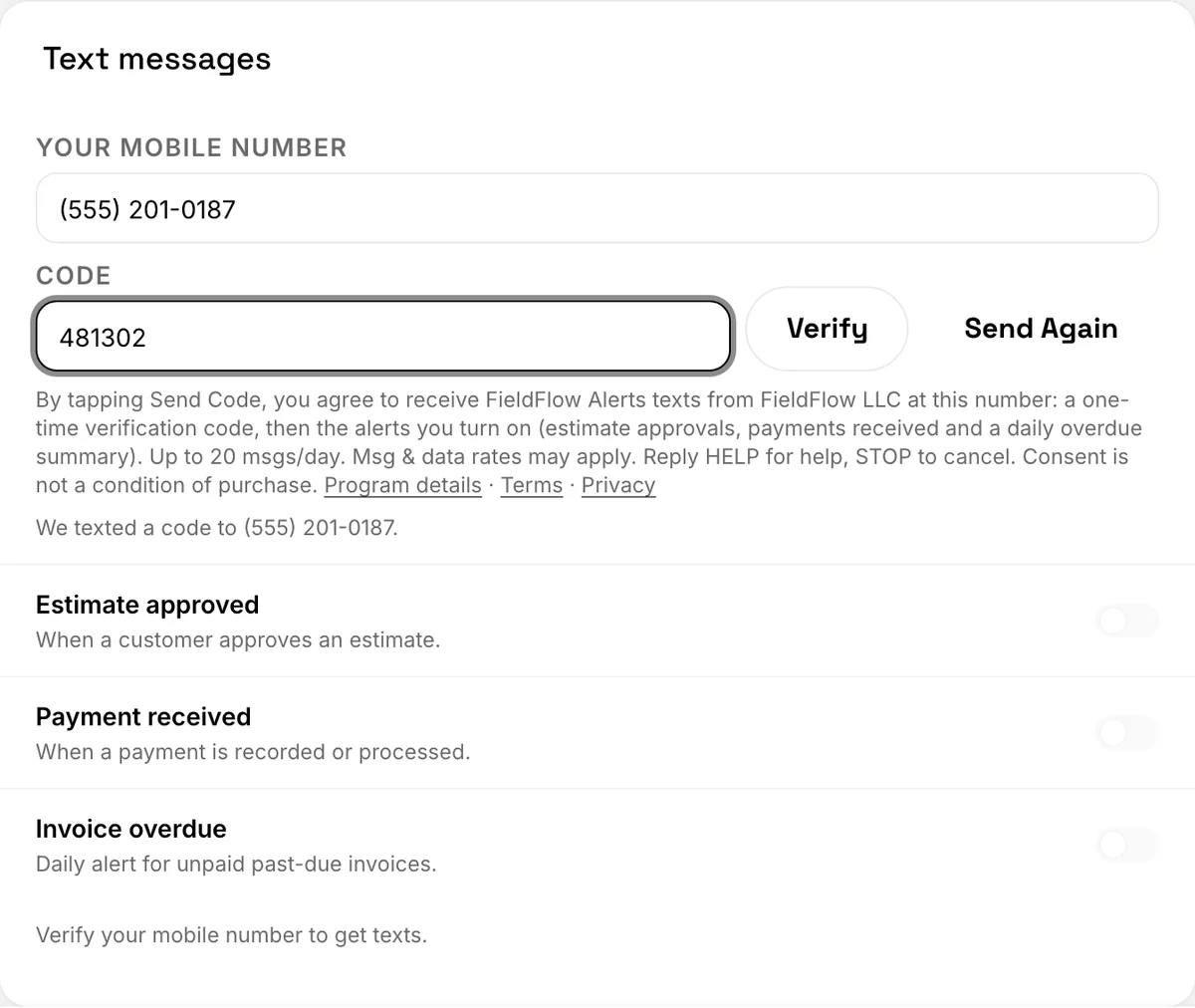 The Text messages card asking for the 6-digit code that was texted to the number, with Verify and Send Again buttons.