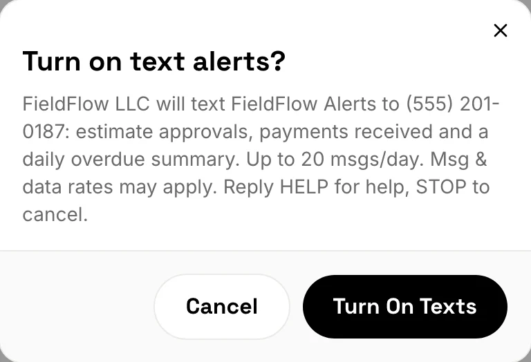 The Turn on text alerts confirmation, which repeats the disclosure, with Cancel and Turn On Texts buttons.